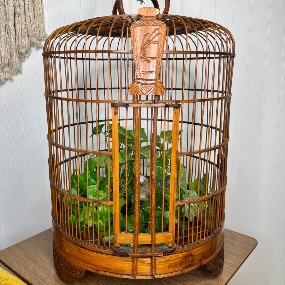 Vintage Bamboo Bird Cage Hand Carved Wood Decorative Chinoiserie 25 Inch Large